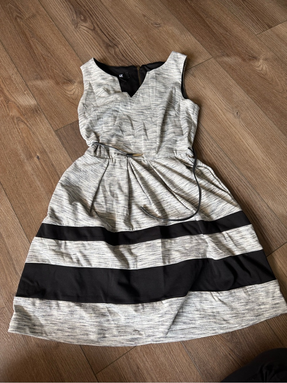 Iz Byer Gray and Black Striped Belted Fit-and-Flare Midi Dress